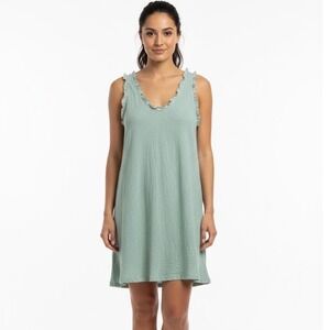 Meo Meli Italy Linen Ruffled V Neck Mini Dress Sage Green TG U